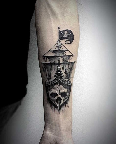 Traditional Blackwork Style Ghost Ship Tattoo Inked On The Left Forearm