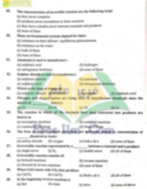 SOLUTION 10th Chemistry Ch9 Extra Mcqs Chemical Equilibrium Studypool