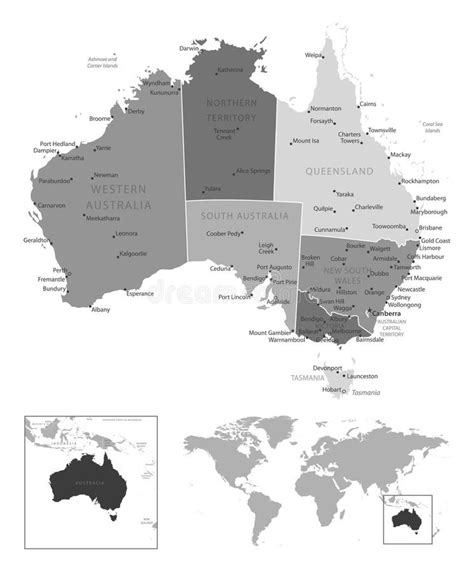 Australia Highly Detailed Black And White Map Stock Vector