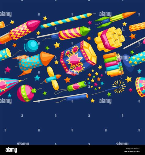 Seamless Pattern With Colorful Fireworks Different Types Of