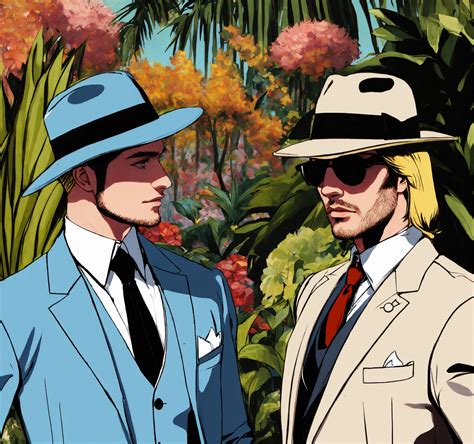 Lexica Two Blonde Male Mafiosi In Pale Blue Pinstripe Suit Borsalino