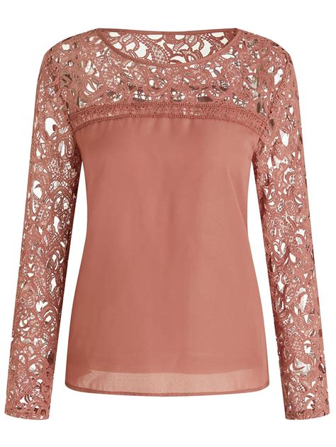 48 OFF Hollow Out Lace Insert Full Sleeve Blouse Rosegal