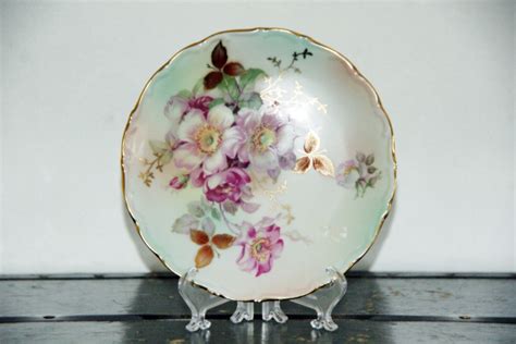 Schumann Arzberg Wild Rose Cake Plate Germany Green Pink Gilded Rim