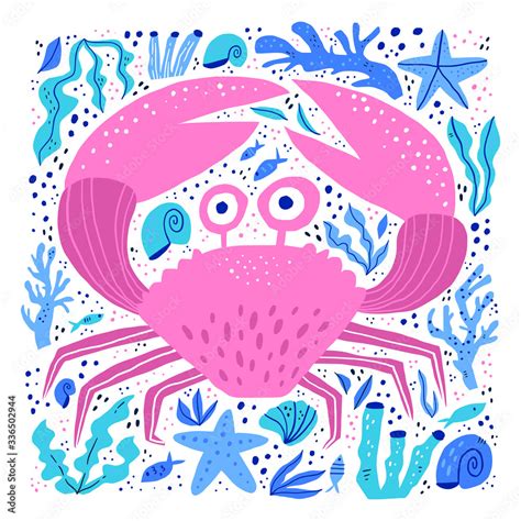 Cute Sea Crab Hand Drawn Vector Illustration Adorable Sealife Cartoon