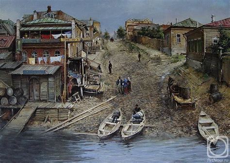 Oil Painting of People on Shore with Small Boats