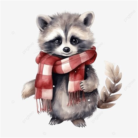 Watercolor Illustration Of Cute Winter Christmas Raccoon With Scarf