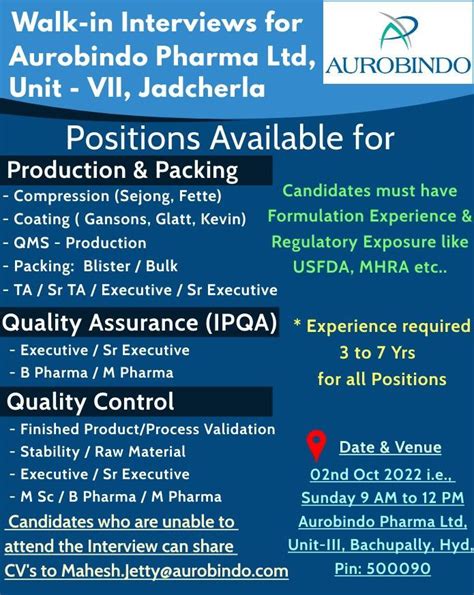 AUROBINDO PHARMA Walk In Interviews For Production Packing QA