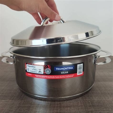 Panela de Fundo Triplo Rasa 4 7L Caçarola Inox Tampa 24cm