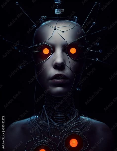 Science Fiction Horror Movie Scary Cyborg Woman Dark 3d Art Conceptual Illustration Vertical