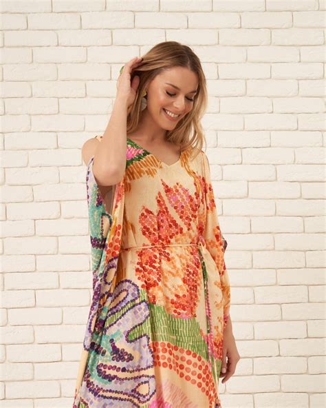 Vestido Kaftan Reto Estampado Longo Viscose Manoock Moda Feminina