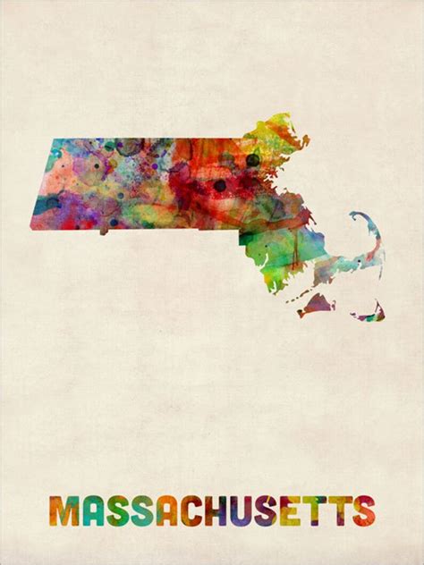 Massachusetts Watercolor Map Usa Art Print 392 Etsy