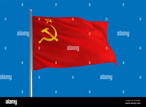 Soviet Union National Flag Waving In The Wind On A Deep Blue Sky High