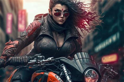 Premium Photo Beautiful Cyberpunk Girl Riding A Futuristic Motorbike