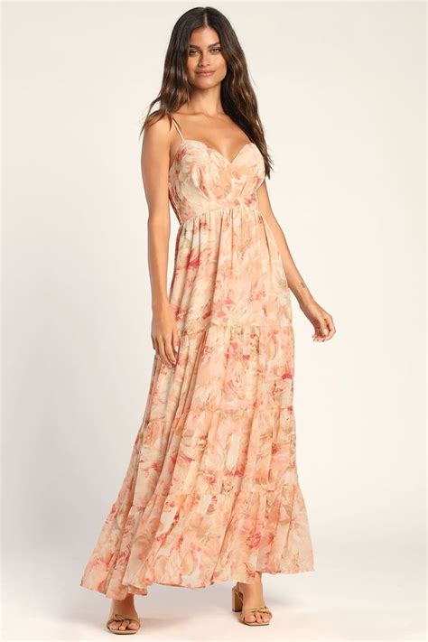 Make Me Blush Peach Floral Print Tiered Maxi Dress Tiered Maxi Dress Maxi Dress Peach Dress