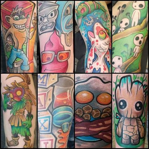 Many Different Colored Tattoos On The Arms And Legs All With Cartoon