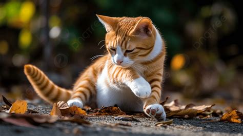 Fundo Um Gato Laranja E Branco Brincando Nas Folhas Fundo Pose