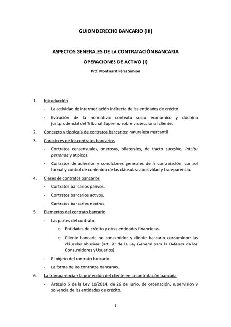 Bancario Sesión III Guion GUION DERECHO BANCARIO III ASPECTOS