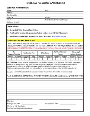 Fillable Online Mnsea Ad Request For Classifieds Ad Fax Email Print