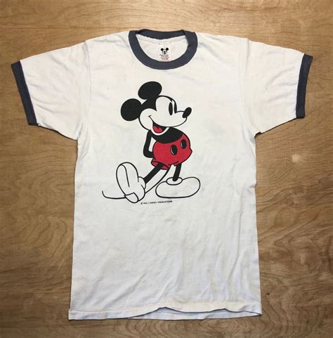 Vintage Mickey Mouse Ringer Tshirt 80s White Blue Shirt Single Stitch