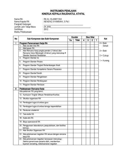 Instrumen Penilaian Kinerja Kepala Tk Pdf