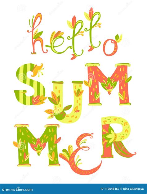 Hand Lettering Composition Floral Alphabet Hello Summer Stock Vector