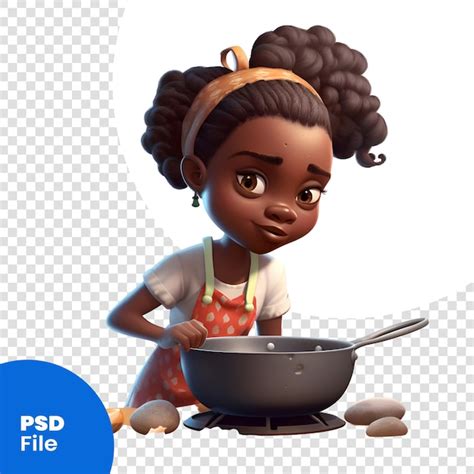 Renderización digital en 3d de una linda niña afroamericana cocinando