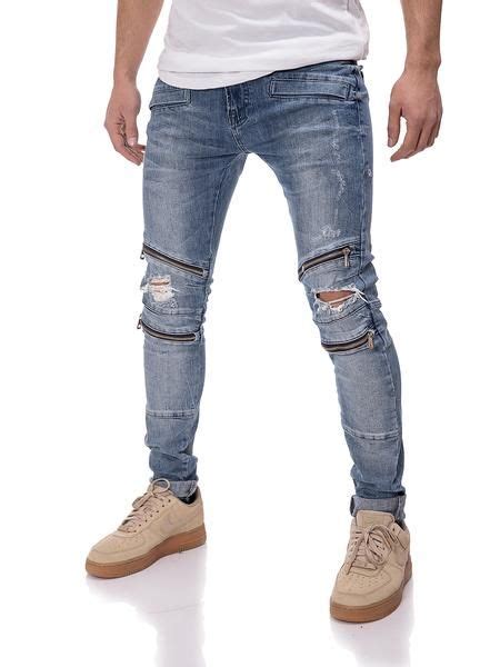 Y Men Slim Fit Knee Ripped Zippers Jeans Blue Ripped Jeans Men Mens