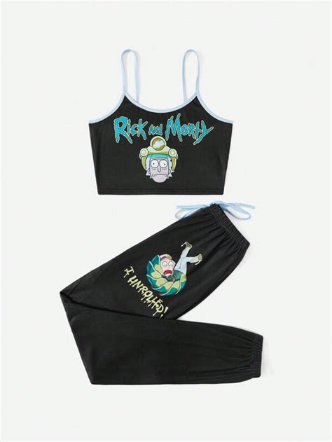 Rick And Morty ROMWE Letter Cartoon Graphic Contrast Binding PJ Set