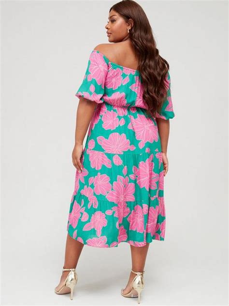 V By Very Curve Floral Print Sweetheart Neck Tiered Midi Dress Green