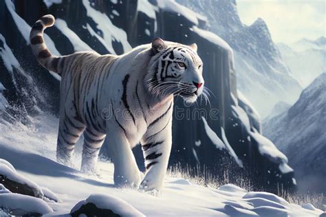 White Tiger Stands in Snow-covered Mountains. AI Generated Stock ...