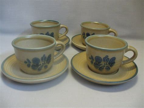 Pfaltzgraff Folk Art Pattern Coffee Cups With Saucers Qty 4 Blue Floral