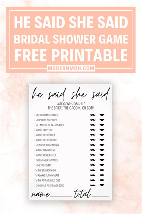 He Said She Said Bridal Shower Game Free Printable Artofit