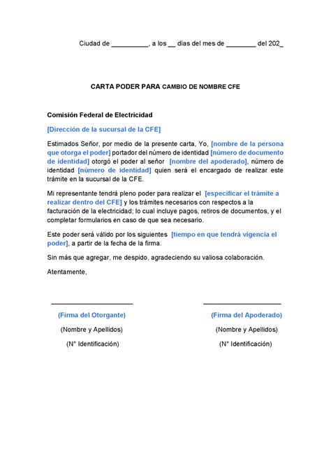 Carta Poder Para Cambio De Nombre Cfe Ejemplos Y Formato