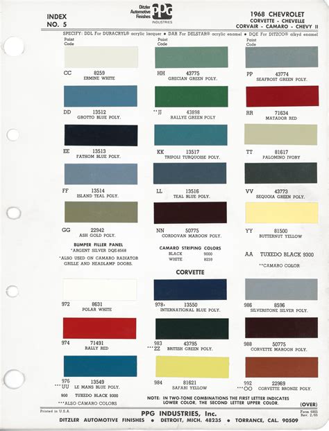 Chevrolet Chevrolet Pontiac Lemans Car Paint Colors