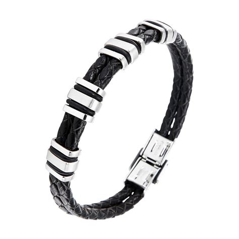 Bracelet Homme Cuir Noir Tress Acier Et Caoutchouc X Ref