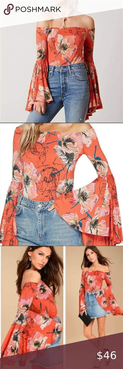 Free People Orange Birds Of Paradise Top Floral Off Shoulder Bell