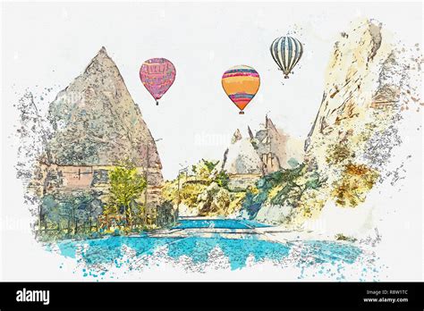 A Watercolor Sketch Or Illustration Hot Air Balloons In The Sky In Cappadocia In Turkey The