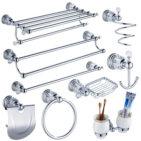 Luxury Crystal Silver Bathroom Accessories Set Chrome Polished Brass