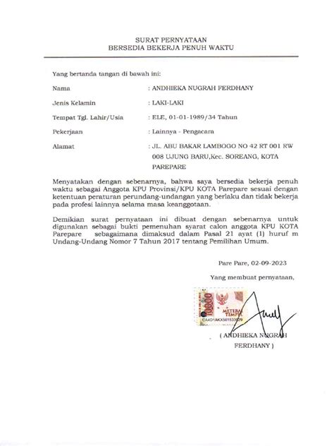 Surat Pernyataan Bersedia Bekerja Penuh Waktu Pdf