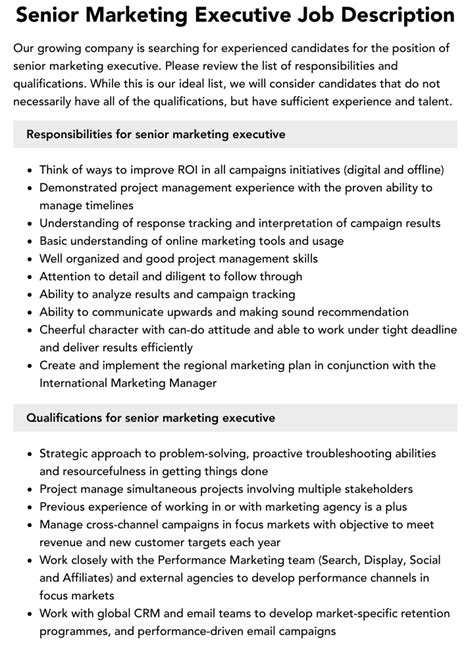 Senior Marketing Executive Job Description Velvet Jobs