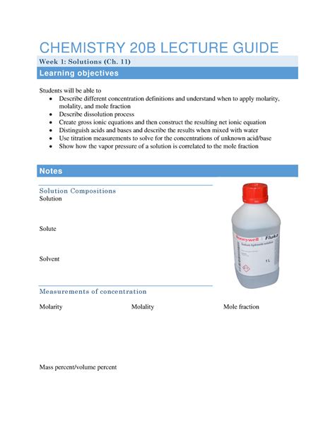 Chemistry B Professor Barr Week Lecture Guide Chemistry B