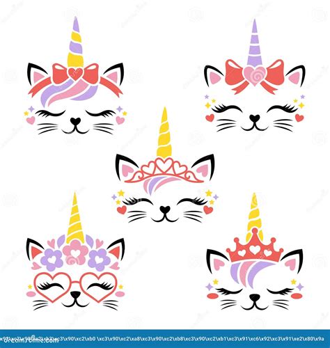 Cute Cat Unicorn Face Vector Set For Valentines Day Stock Vector