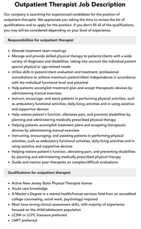 Outpatient Therapist Job Description Velvet Jobs