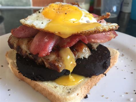 Homemade Breakfast Sandwich Black Pudding Sausage Bacon And Egg