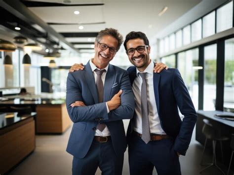 Retrato De Dos Exitosos Hombres De Negocios Felices En Una Suite De Pie