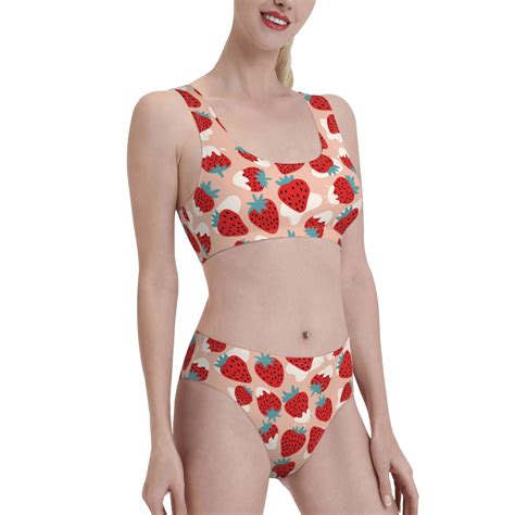 Naloa Red Strawberry Print Women High Waisted Two Piece Bikini Sports Crop Top Swimsuit And