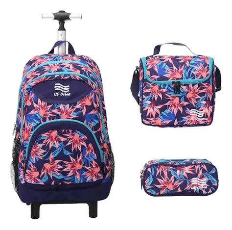 Set Mochila Escolar Carrito Con Lonchera Y Lapicera Flores