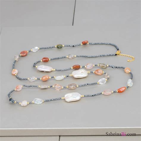 Collana Lunga Ematite Pietre Dure Perle Di Fiume Quadrate SabrinaBi