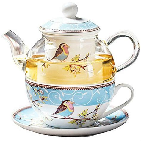 Jusalpha Glass Teapot With Fine China Infuser Strainer Cup And Saucer