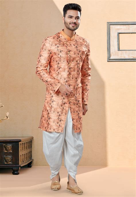 Peach Jacquard Indo Western Suit